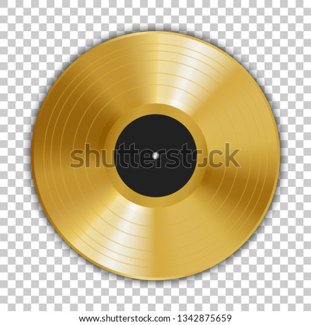 Realistic gold gramophone vinyl LP record with shadow. 12 inch. Golden music disc award. Old technology, retro design, vector art image illustration, template isolated on transparent background eps10.