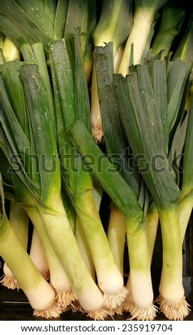Leeks at a produce stand.