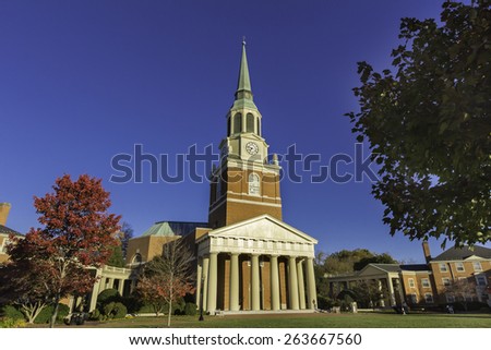 WINSTON-SALEM, NC, USA - NOVEMBER 7:Wait Chapel and Hearn Plaza atl Wake Forest University on November 7, 2014 in Winston-Salem, NC, USA.