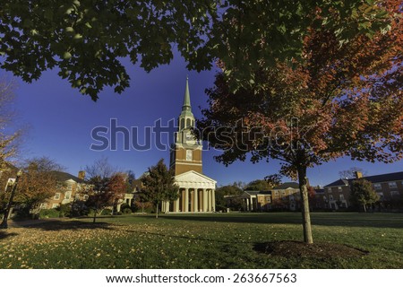 WINSTON-SALEM, NC, USA - NOVEMBER 7:Wait Chapel and Hearn Plaza atl Wake Forest University on November 7, 2014 in Winston-Salem, NC, USA.