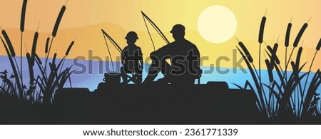 Vector silhouette illustration of a father and son fishing. Father and son fishing together vector illustration scene. Happy family. Cute cartoon characters