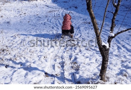 Similar – Image, Stock Photo Little girl sledding at Sierra Nevada ski resort.