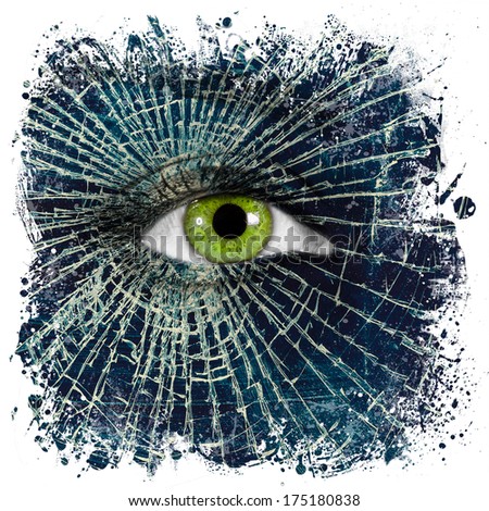 Broken glass on female face with green eye, broken or empty soul concept