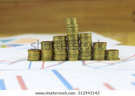 Gold Thai coin on financial graph report on wood table low key