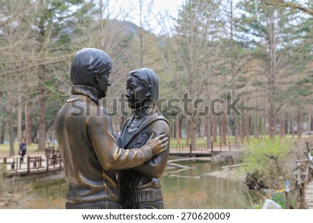 Chuncheon, South korea - April 15, 2015 : The statue of Choi Ji-won & Bae Yong Joon at Nami Island in Autumn Season.