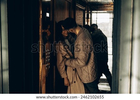 Similar – Image, Stock Photo Happy girlfriends embracing against canyon and ridge during trip