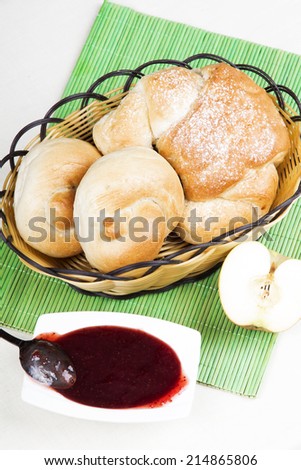 croissant, bagels and jam, breakfast composition
