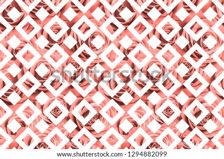 Seamless pattern with living coral roses on white squares geometric background