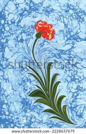 Red carnation flower and blue marbling background decoration vector design. Traditional Turkish ebru technique