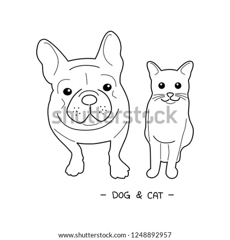 Funny smile face french bulldog and kitty.
Present animal friendship dog and cat.
Drawing cute cartoon character art vector.