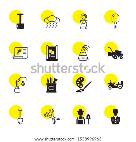 work icons. Editable 16 work icons. Included icons such as Employee, Farmer, Scissors, Shovel, Tractor, Painting, Pencil case, Crane, Lawnmower, Hat. work trendy icons for web.