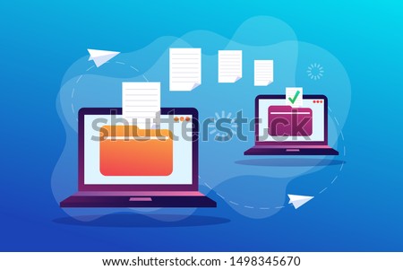 File Transfer. Files transferred Encrypted Form. Program for Remote Connection between two Computers. Full access to Remote Files and Folders.  Flat style. Vector illustration Foto d'archivio © 