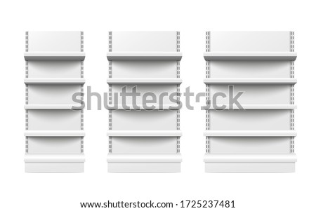 Empty stand retail shelves three diferent size pieces mockup isolated on white background. Supermarket product advertising blank. Front view. Vector illustration