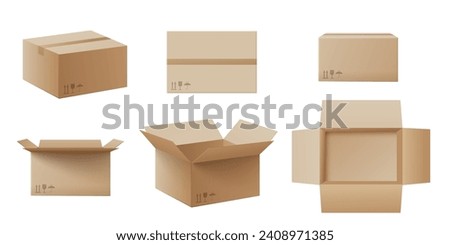 Realistic cardboard Box Mockup set side, front and top, open and closed, isolated on white background. Parcel packaging template - vector illustration