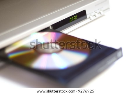 DVD player with open disc tray (DOF, focus on OPEN)