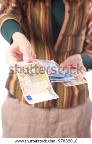 woman detail with group of Euro bills in her hands