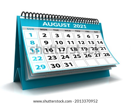 Desktop Calendar August 2021 isolated in white background, August 2021 Spiral Calendar. 3d render