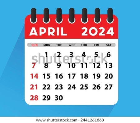 April 2024 Calendar Leaf. Calendar 2024 in flat style. April 2024 Calendar. Week starts on Sunday. Blank Calendar Template. Stationery Design. Vector Illustration