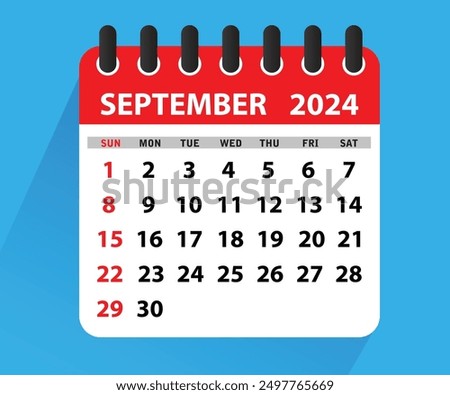 September 2024 Calendar Leaf. Calendar 2024 in flat style. September 2024 Calendar. Week starts on Sunday. Blank Calendar Template. Stationery Design. Vector Illustration