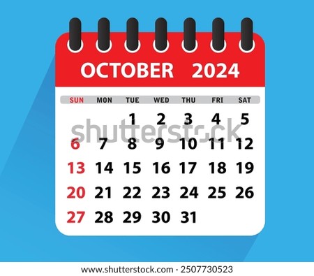 October 2024 Calendar Leaf. Calendar 2024 in flat style. October 2024 Calendar. Week starts on Sunday. Blank Calendar Template. Stationery Design. Vector Illustration