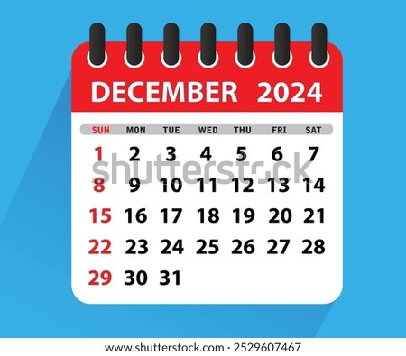 December 2024 Calendar Leaf. Calendar 2024 in flat style. December 2024 Calendar. Week starts on Sunday. Blank Calendar Template. Stationery Design. Vector Illustration