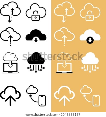 Set of mix cloud icons of different shapes with having arrows showing upward and downward transmission of data in cloud computing 