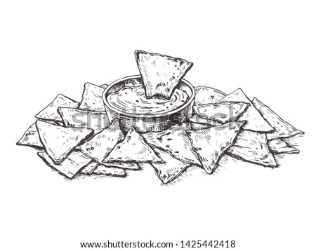 Illustration Mexican corn chips nachos with salsa dip.Sketch tortilla chips.Drawing for restaurant menu, label, banner