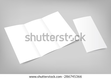 Blank tri fold flyer with cover on gray background. 3D illustration with soft shadows. Vector EPS10 illustration.