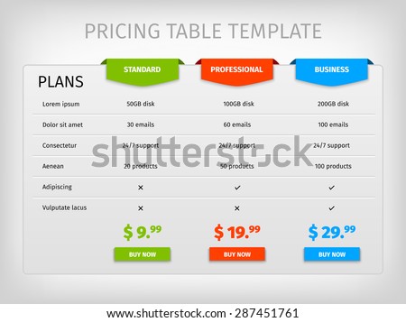 Comparison of services. Web pricing table template for business plan. Vector EPS10 illustration. Colorful 3d chart.