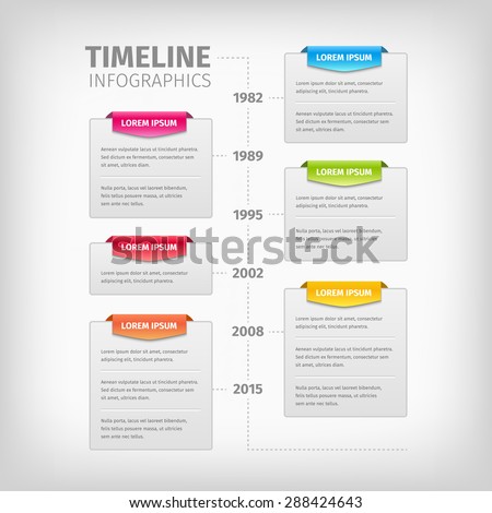 Timeline Infographics with soft gray boxes with border. Colorful 3d tags. Vector illustration.