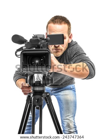 Video camera operator filmed. Isolated on white background.