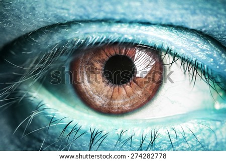 Eye of the alien. Eye of extraterrestrial creatures with blue skin.