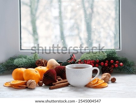 Similar – Image, Stock Photo Mandarine fruits and cinnamon sticks styled on blue cloth background, flat lay, winter theme