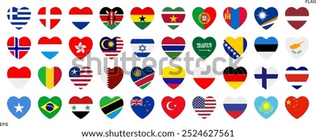 National flags in heart shape. National flags set. World flags