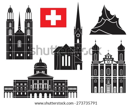 Switzerland buildings set. Abstract Switzerland buildings on white background