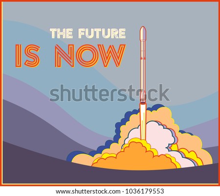 SpaceX Falcon 9 shipped by Elon Musk. Future is Now art. Rocket Falcon 9 launching vector retro style illustration. Vector cartoon for web, postcard, poster, clothing print. Space ship with steam.