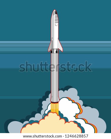 SpaceX rocket BFR Starship launching vector retro style illustration. Future is Now art. Elon Musk rocket BFR Starship. Vector cartoon SpaceX Big Falcon Rocket spaceship: web, postcard, poster, print.