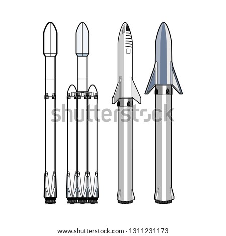 SpaceX isolated rockets set. Falcon 9, Falcon Heavy, BFR 2018, BFR Starship with booster, version 2019. Space art, rockets set, isolated vector for icons, web, space postcard, poster, clothing print. 