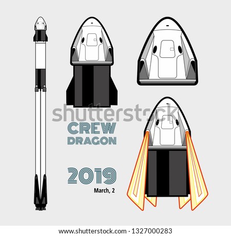 SpaceX rocket Falcon 9, Crew Dragon space craft isolated set. 2019 March, 2 rocket launching by Elon Musk. Vector poster spaceship. Spaceship isolated cartoon art, vector retro style illustration.