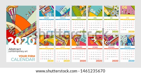 2020 calendar abstract contemporary art vector set. Desk, screen, desktop months 2020, colorful 2020 calendar template, agenda pattern. Psychedelic sketched calendar, day planner. Set 12 month pages.