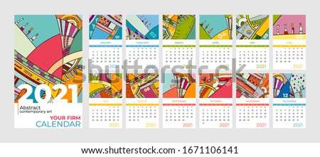 2021 calendar abstract contemporary art vector set. Desk, screen, desktop months 2021, colorful 2021 calendar template, agenda pattern. Psychedelic sketched calendar, day planner. Set 12 month pages.