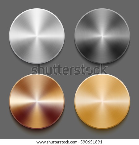 Set of round templates of metal button with gold, aluminum, steel and bronze metal texture isolated on gray background