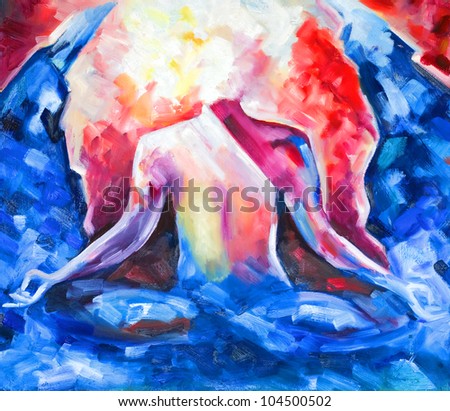 yogi sitting on the water in the Lotus position with the reflection of the painted bright blue, red and white paint with oil paints on canvas