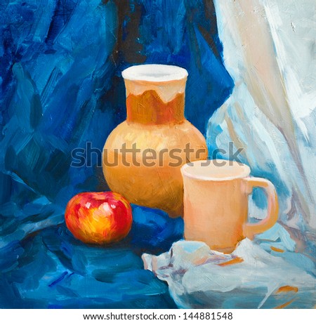 ceramic clay jug and ceramic Cup in a rustic style and a large red Apple on a blue background still life painted with oil paints on canvas