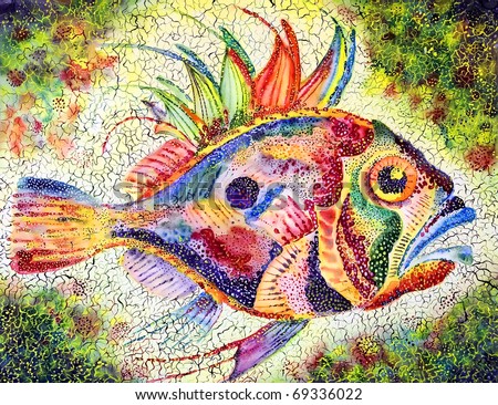 Fish Bright Stylized With A Huge Eye And Prickly Fins Drawn On A Water ...