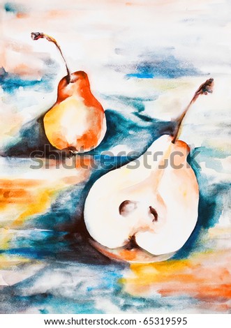 Pair bright yellow pears being in quarrel whole and half drawn by water color colors on a water color paper