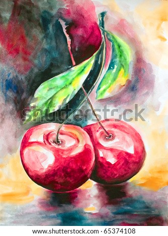 Pair bright ripe cherries on one branch with leaves drawn by water color colors on a water color paper