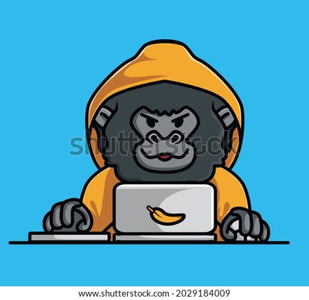 Cute baby young gorilla hacker animal crime anonymous ape black monkey holding a tree branch. Animal Isolated Cartoon Flat Style Icon illustration Premium Vector Logo Sticker Mascot