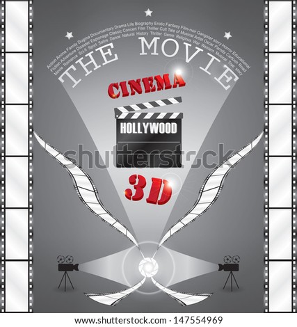 3D Movie in Cinema / Movie theater / Clapperboard and filmstrip