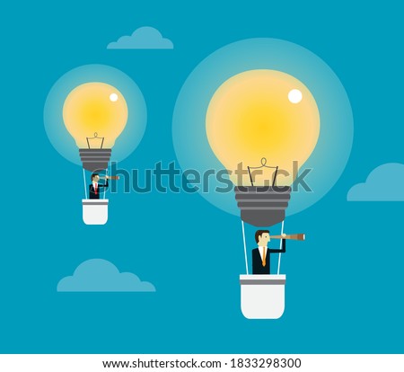 Business people on the light bulb balloon with telescope. Vector design